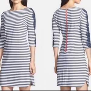 Eliza J. Dress Blue White Stripe Ponte Knit Lace Sleeve Women's Size 12